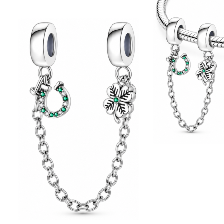 Charm double avec chaine de sécurité porte bonheur trèfle