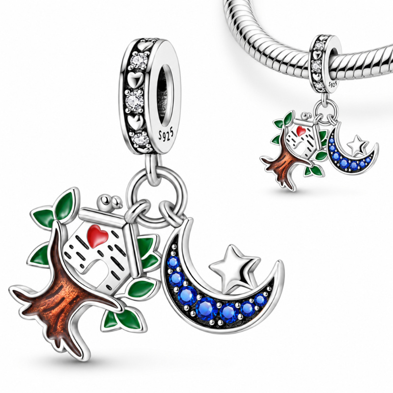 Charm pour bracelet lune bleu cabane dans l'arbre
