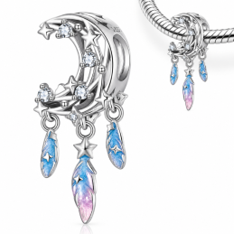 Charm pour bracelet lune étoile plume bleu pendente