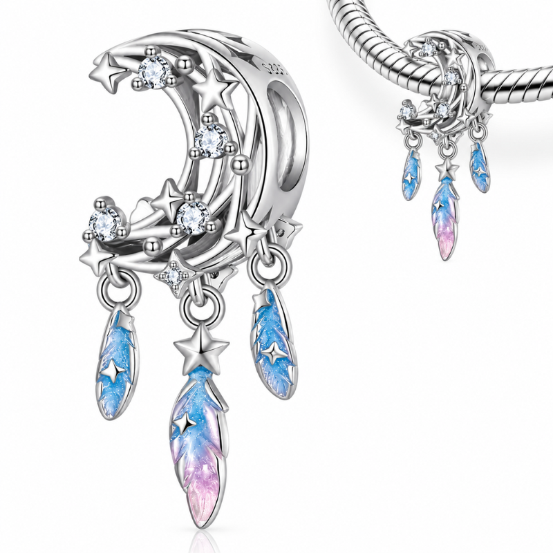 Charm pour bracelet lune étoile plume bleu pendente