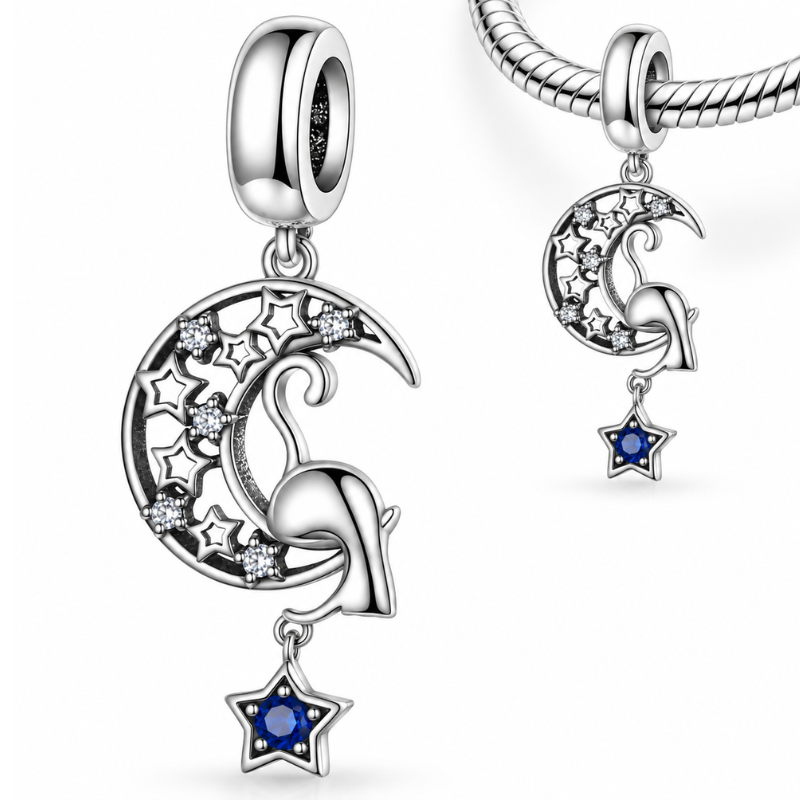 Charm pour bracelet lune chat attrape étoile strass bleu