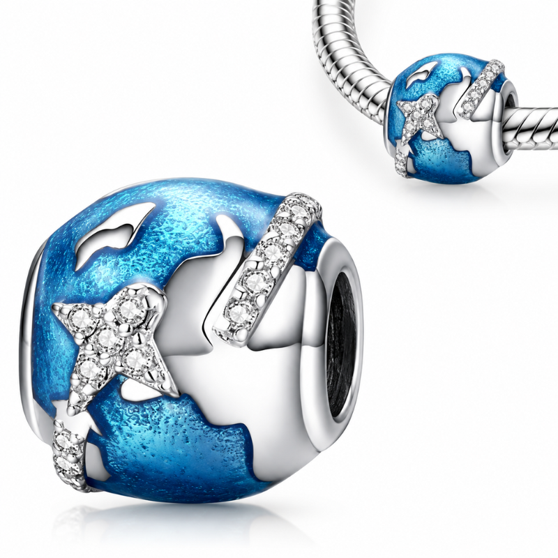 Charm pour bracelet planète terre avion mer bleu