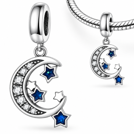Charm pour bracelet lune strass étoiles bleu