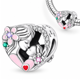 Charm pour bracelet cadeau maman bébé dans les bras fleur rose