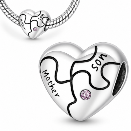 Charm pour bracelet argent coeur puzzle mère fils