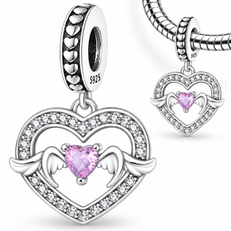 Charm pour bracelet coeur rose ailes d'ange