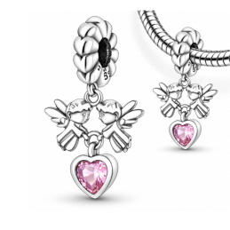 Charm pour bracelet deux anges portent un coeur rose