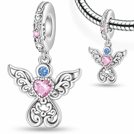 Charm pour bracelet ange fleur pierre rose bleu