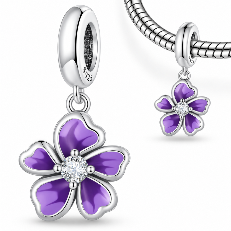 Charm pour bracelet grande fleur violette pierre