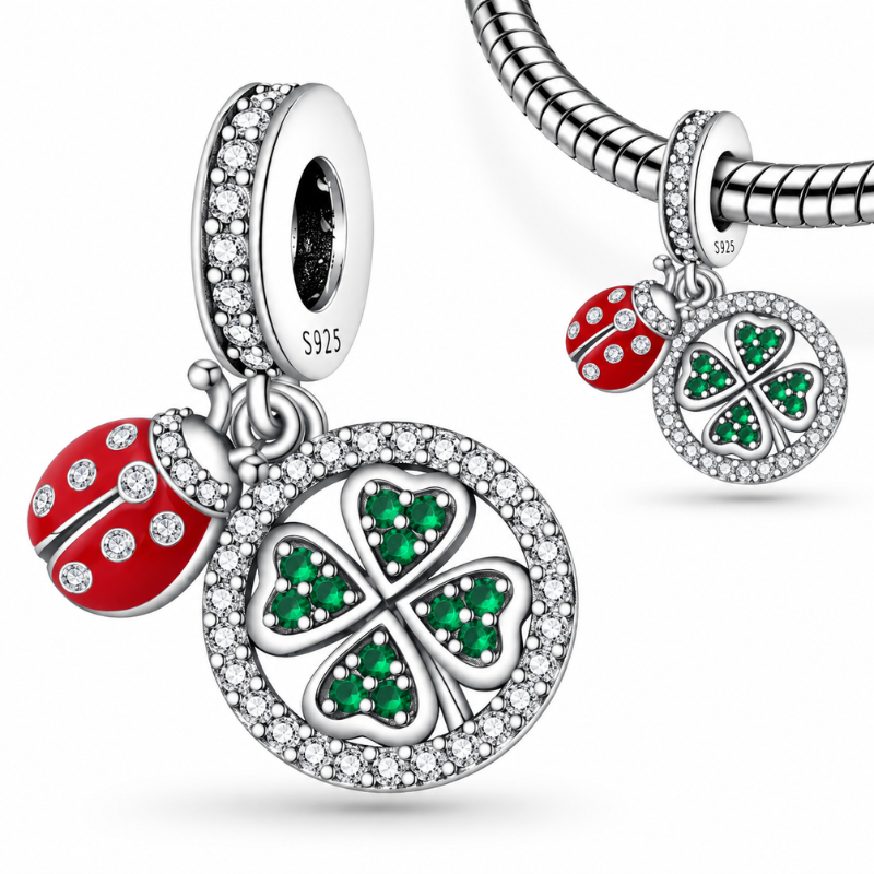 Charm pour bracelet argent trèfle coeur coccinelle strass