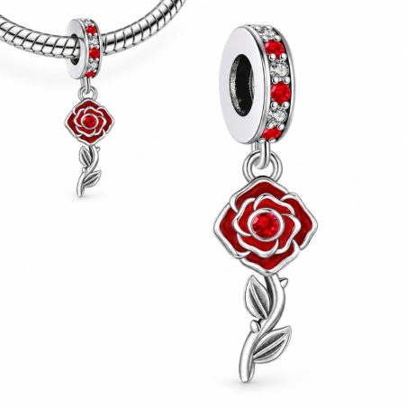 Charm pour bracelet fleur rose rouge suspendue