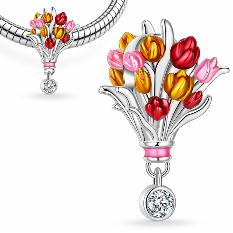 Charm pour bracelet bouquet de tulipe jaune rouge rose
