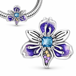 Charm pour bracelet fleur orchidée violette pierre bleue