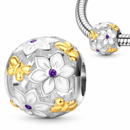 Charm pour bracelet boule fleur papillon doré