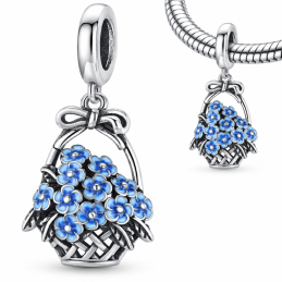 Charm bijou pour bracelet argent panier de fleurs bleues