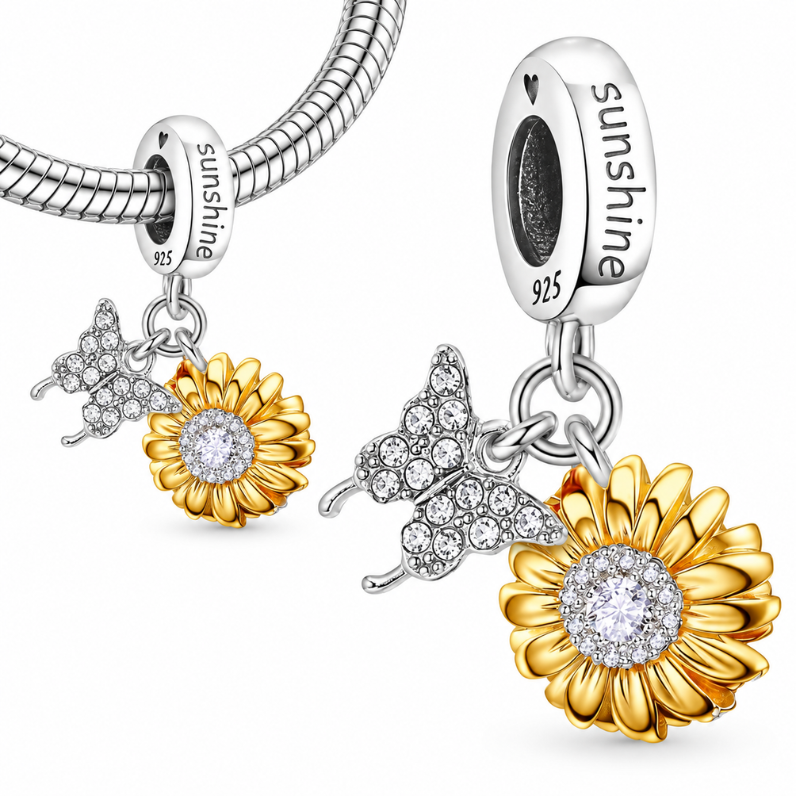 Charm pour bracelet argent fleur tournesol jaune papillon
