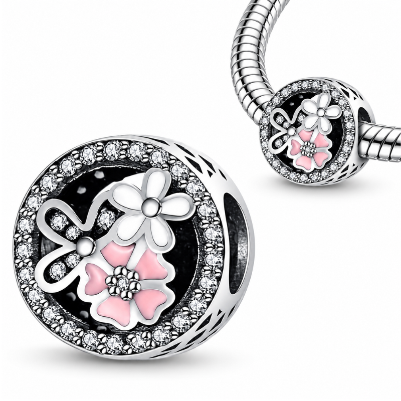 Charm bijou pour bracelet trois fleurs rose blanche