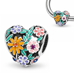 Charm bijou pour bracelet coeur fleurs jaune rose violette