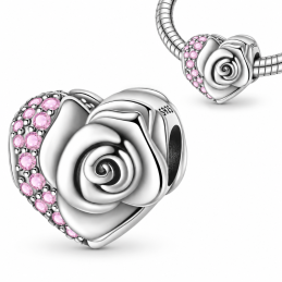 Charm pour bracelet coeur fleur et pierre rose