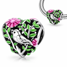 Charm pour bracelet coeur oiseau dans les branches