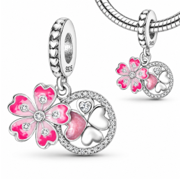 Charm pour bracelet argent fleur trèfle coeur rose strass