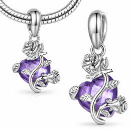 Charm pour bracelet coeur violet fleur rose