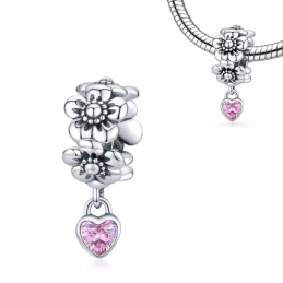 Charm bijou pour bracelet collier de fleurs coeur strass rose