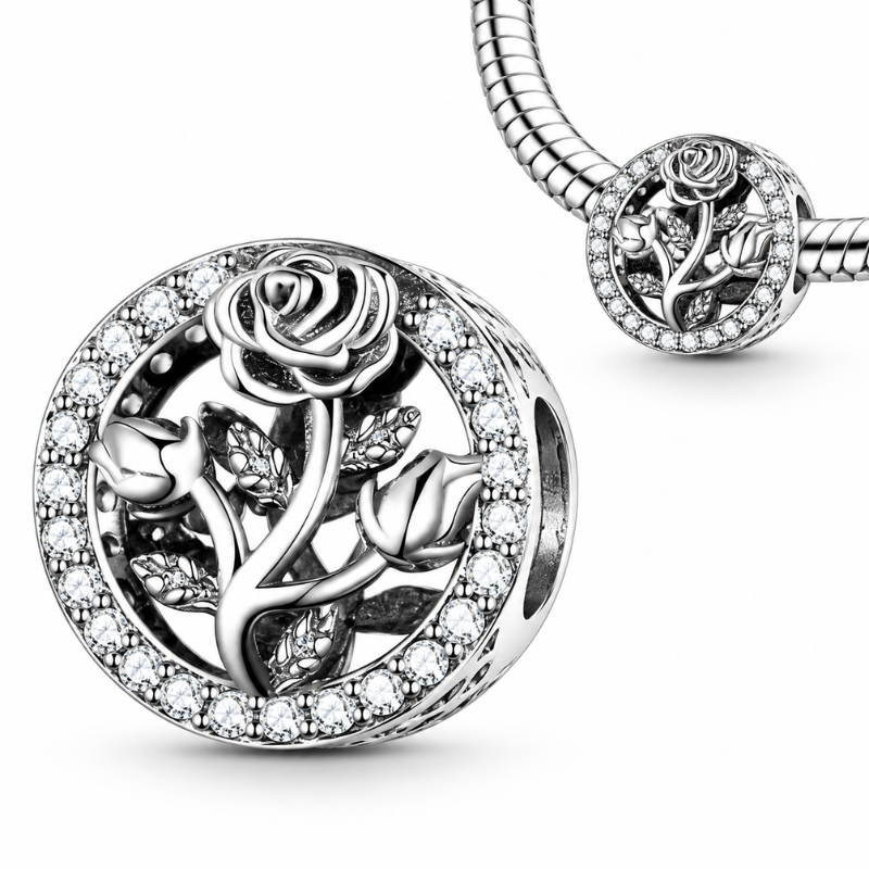 Charm bijou pour bracelet fleur rose bouton et fleur strass