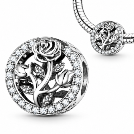 Charm bijou pour bracelet fleur rose bouton et fleur strass