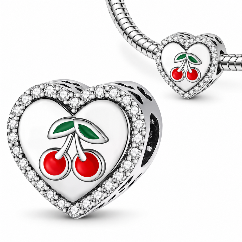 Charm bijou pour bracelet coeur strass cerises