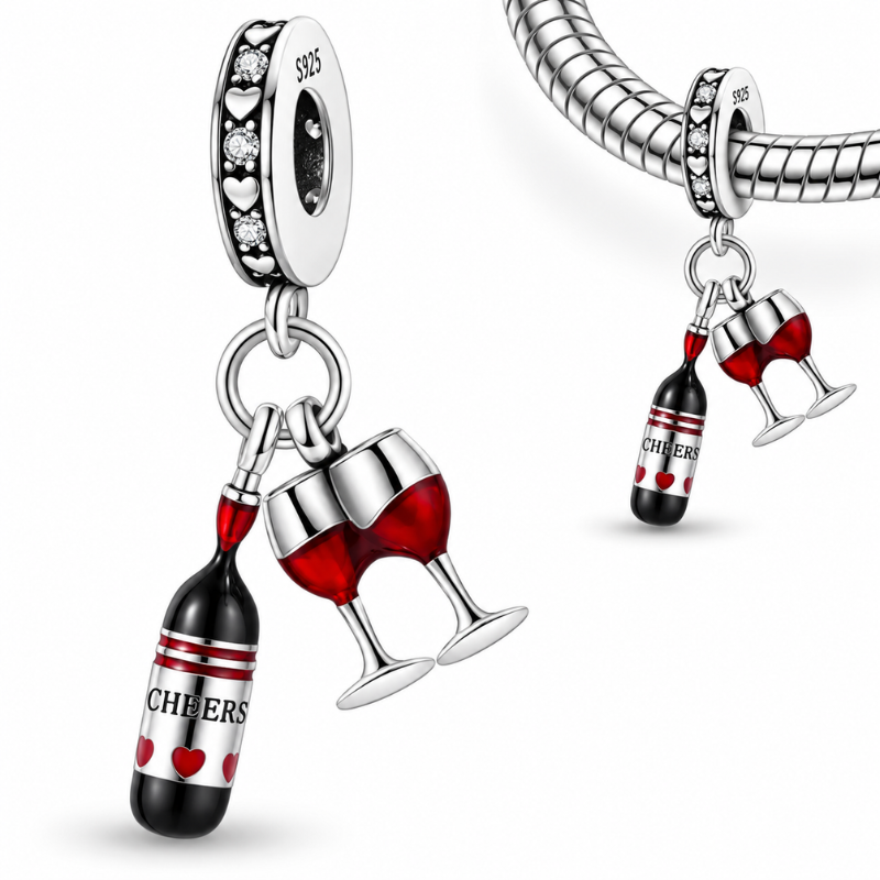 Charm pour bracelet argent bouteille verre vin rouge