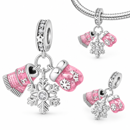Charm pour bracelet Moufles Roses et Flocon de Neige