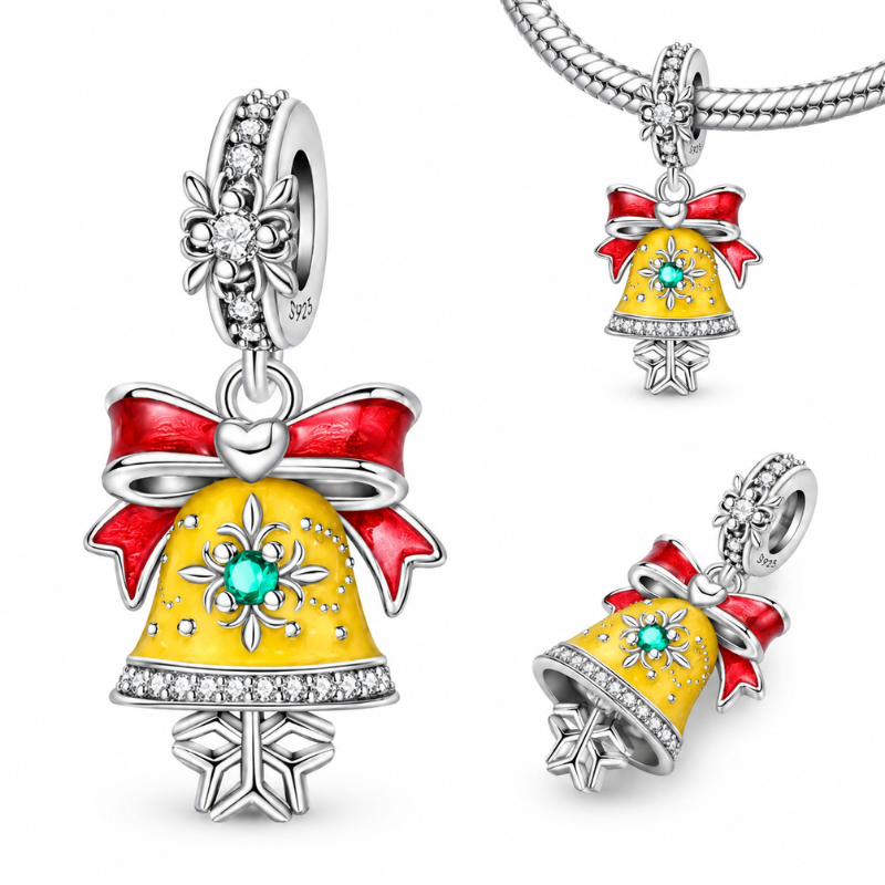 Charm pour bracelet clochette de Noël jaune avec nœud rouge