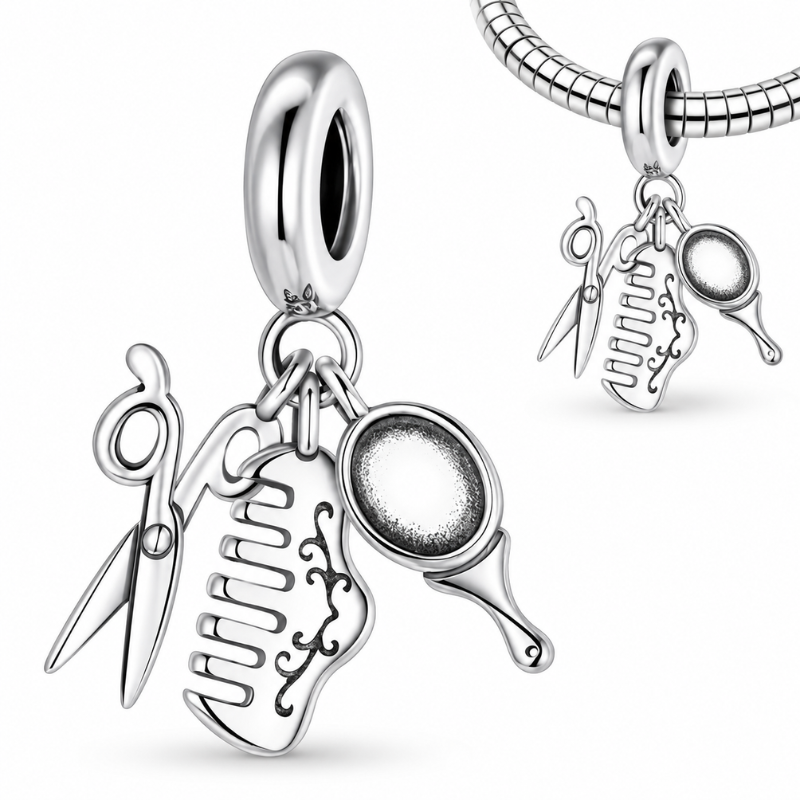 Charm pour bracelet miroir ciseaux peigne brosse