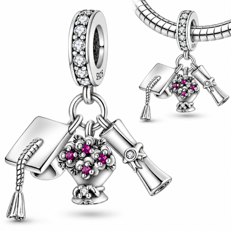 Charm pour bracelet cadeau diplome chapeau fleurs