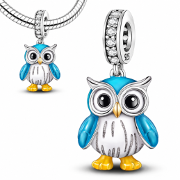 Charm pour bracelet hibou chouette bleu suspendu