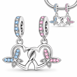 Charm pour bracelet double papillon rose bleu coeur