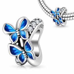 Charm pour bracelet deux papillons bleu double anneau