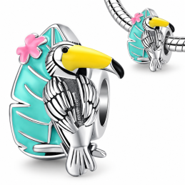 Charm pour bracelet feuille bleu turquoise oiseau toucan