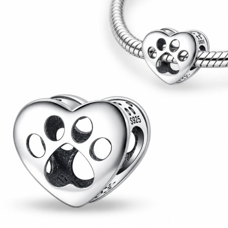 Charm pour bracelet cœur argenté empreinte de patte ajourée