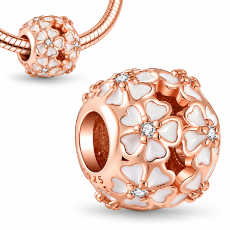 Charm pour bracelet doré rose fleur blanche