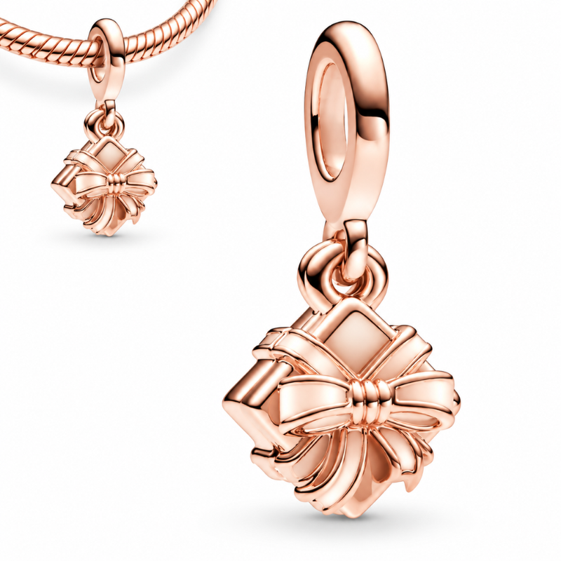 Charm pour bracelet boite cadeau avec noeud doré rose