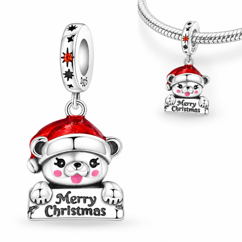 Charm pour bracelet ourson de Noël bonnet rouge