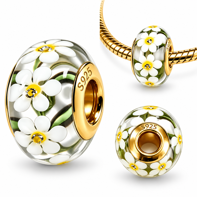 Charm pour bracelet fleurs blanches en verre et doré
