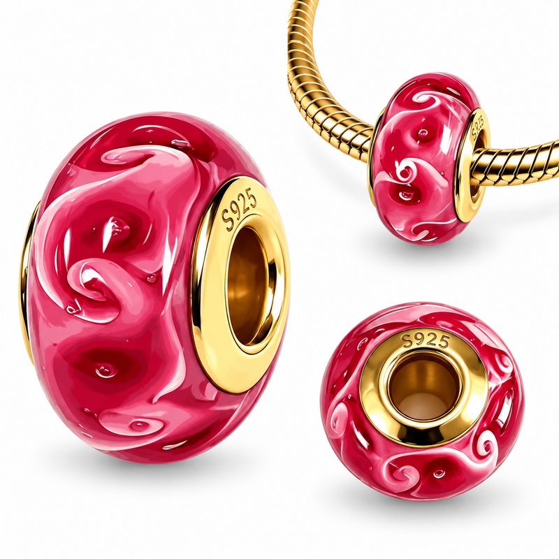 Charm pour bracelet perle rouge et rose en verre et doré