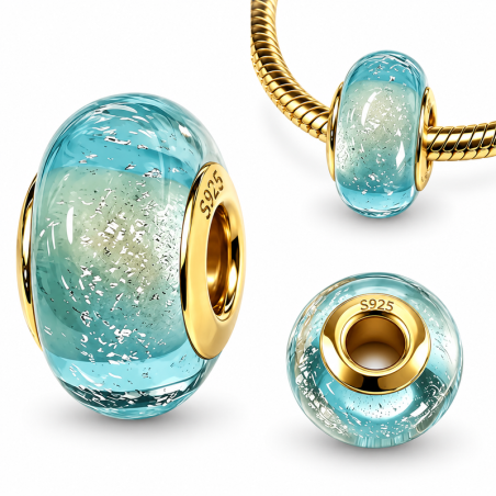 Charm pour bracelet perle en verre bleu turquoise et doré