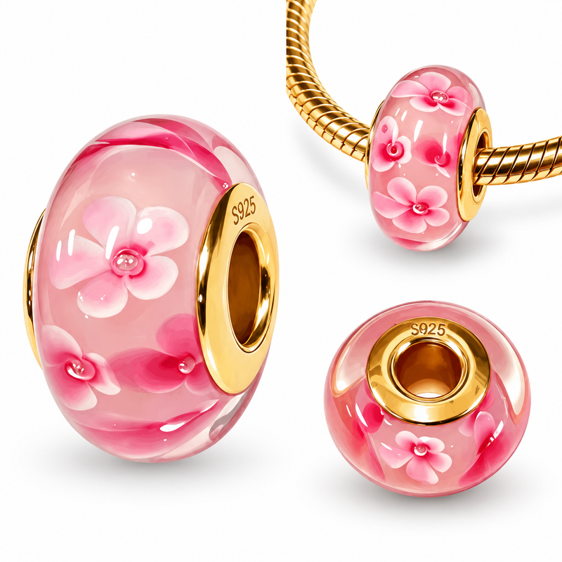 Charm pour bracelet fleurs roses en verre et doré