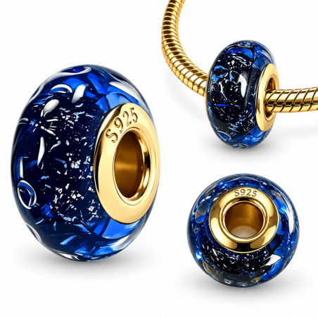 Charm pour bracelet verre bleu nuit et doré