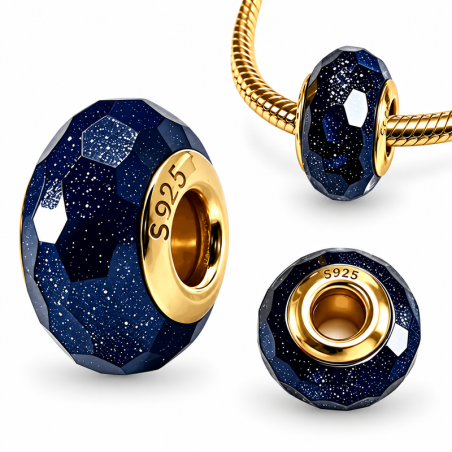 Charm pour bracelet en verre bleu nuit scintillant