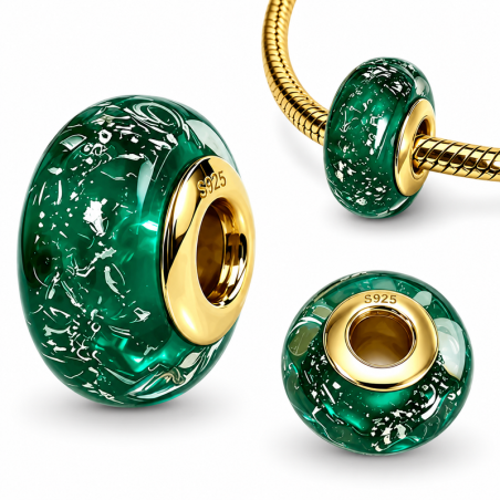 Charm pour bracelet en verre vert émeraude et doré
